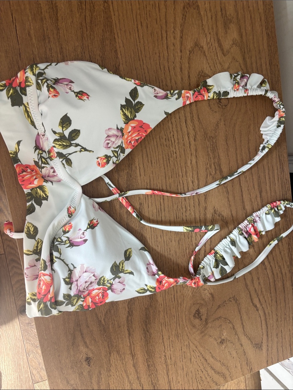 aerie White Floral Bandeau Bikini Top with Pink & Coral Roses